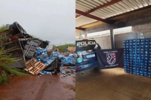 Polícia recupera centenas de caixas de cerveja furtadas após acidente com carreta