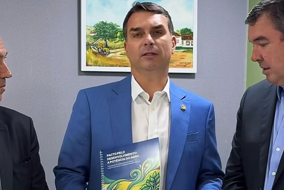 Reinaldo Azambuja, Flávio Bolsonaro e Eduardo Riedel - Reprodução